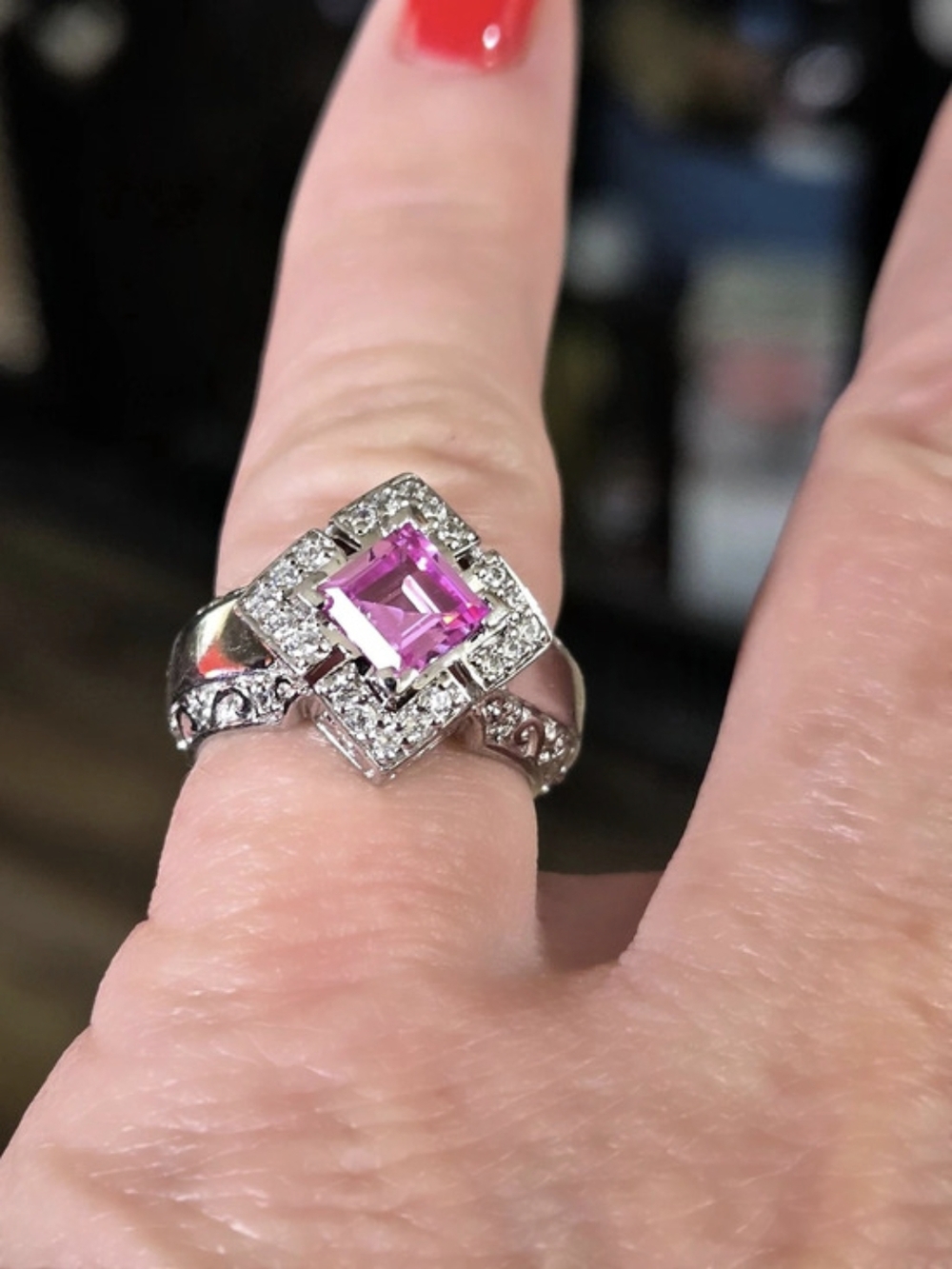 Pink Sapphire Sterling Silver  Halo Statement Ring Size [6-6,5]Vintage ~1980